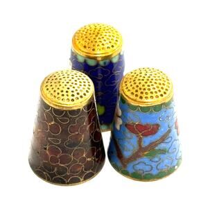Vintage NOS Chinese Cloisonne Thimbles (3) multicolor enamel flowers on brass